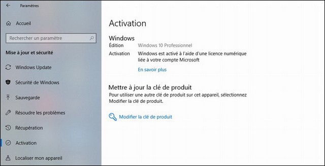 Windows 10 est activé à l'aide d'une licence numérique