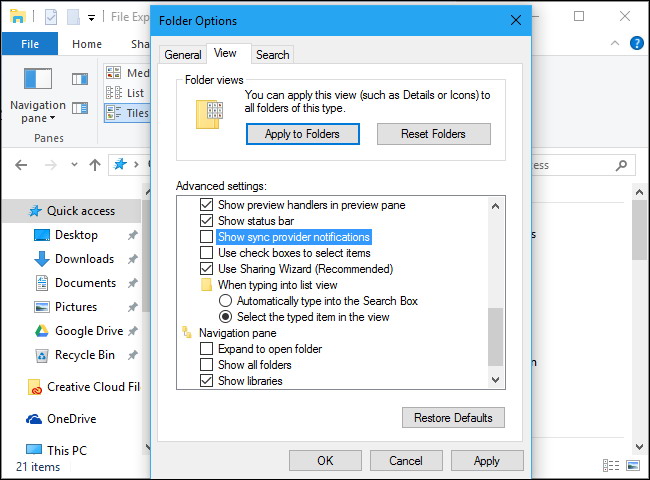désactiver les notifications dans l'Explorateur de fichiers Windows 3