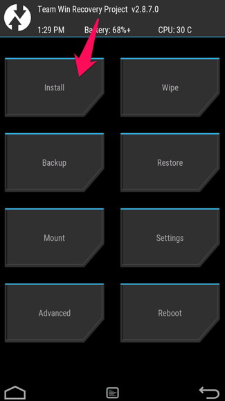 écran d'accueil de TWRP et cliquez sur le bouton Installer