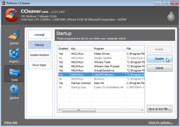 Désactivation de programmes de démarrage dans CCleaner