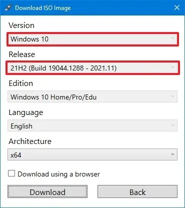 Sélectionnez la version de Windows 10