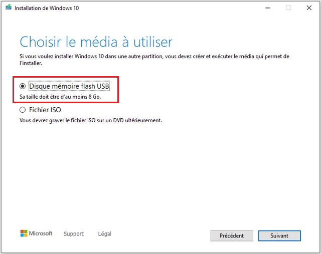 clé USB d'installation de Windows 10