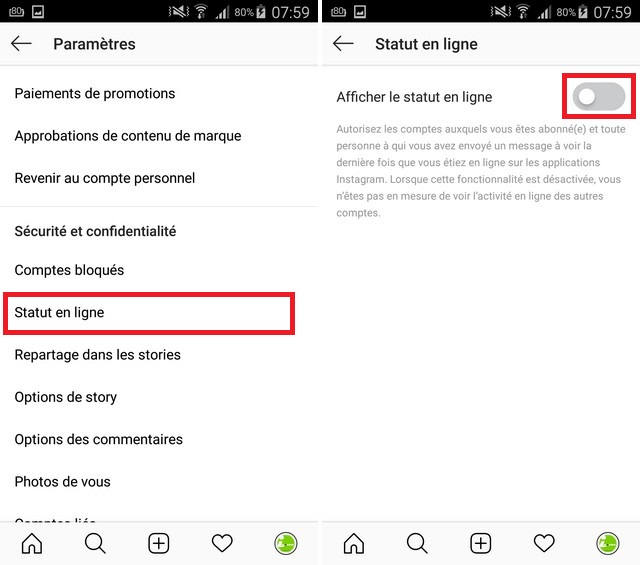 cacher son activité sur Instagram