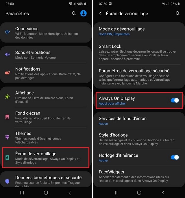 désactiver le mode Always On Display sur Galaxy Note 10