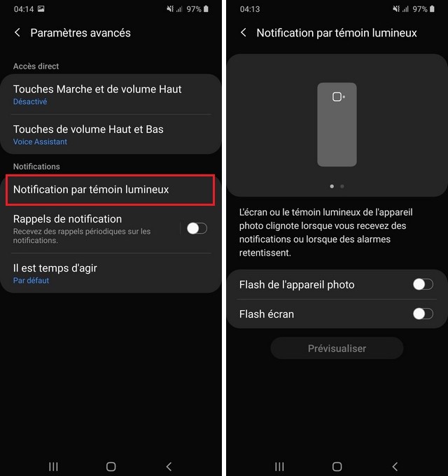 Comment activer la notification par flash sur A70