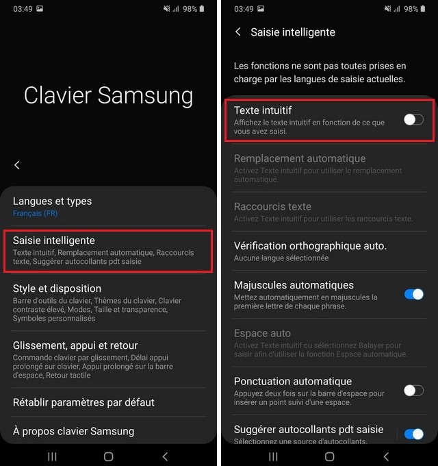 Désactiver le Texte intuitif sur Samsung Galaxy M21