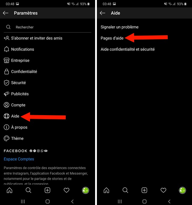 Pages d'aide sur Instagram