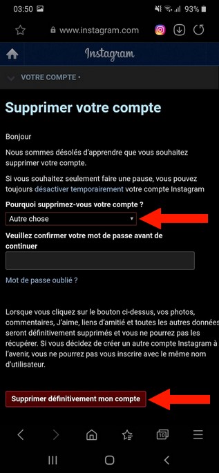 désactiver le compte Instagram sur Android