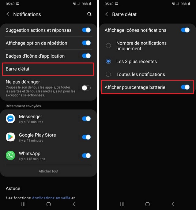 Comment afficher le pourcentage de batterie