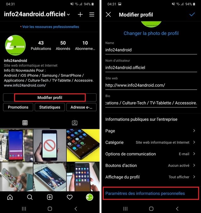 Modifier le profil sur Instagram