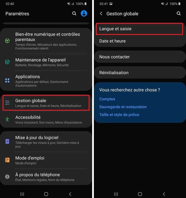 Langue et saisie Samsung Galaxy Note 20