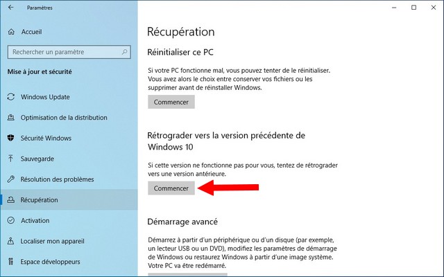 Désinstaller la mise à jour des fonctionnalités sur Windows 10