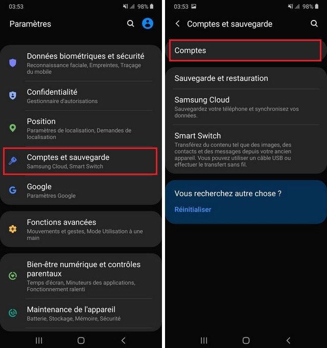 Section Comptes et sauvegarde