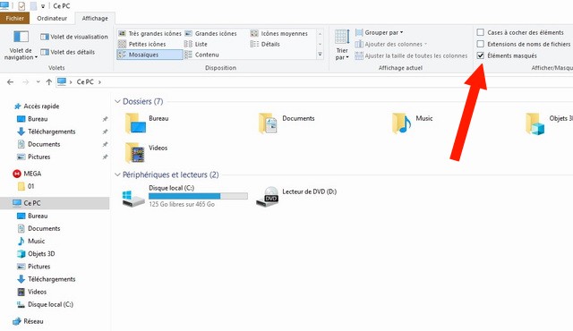 Afficher les fichiers et dossiers cachés sur Windows 10