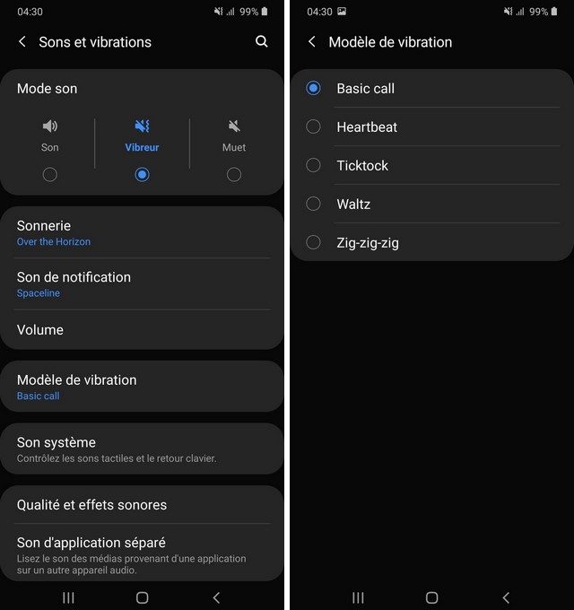 Modèle de vibration sur le Samsung Galaxy S10