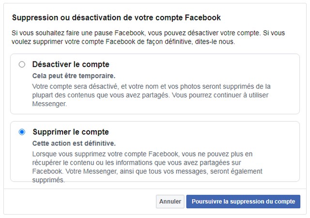Comment supprimer mon compte de Facebook
