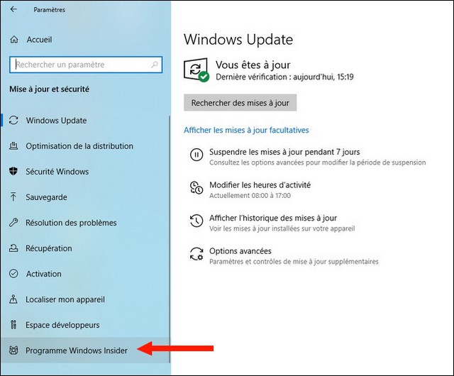 Cliquer sur Programme Windows Insider