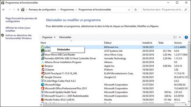 Désinstaller un programme sur Windows 10