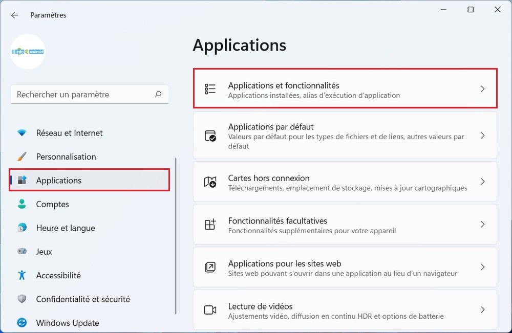 Applications et fonctionnalités