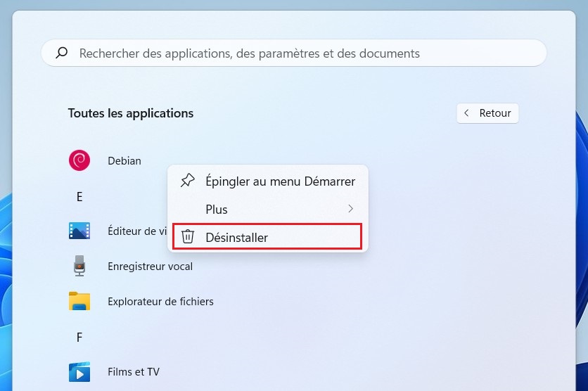 Désinstaller une application à l'aide du menu Démarrer