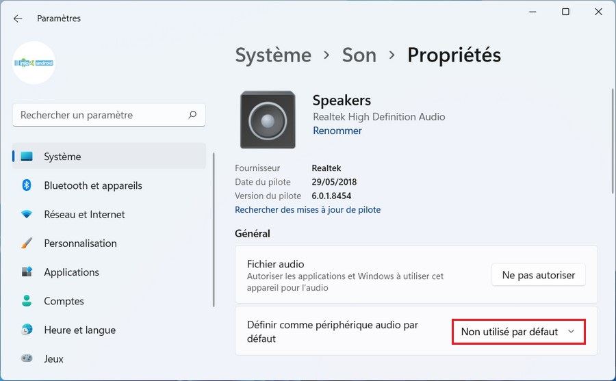 Propriétés du périphérique audio
