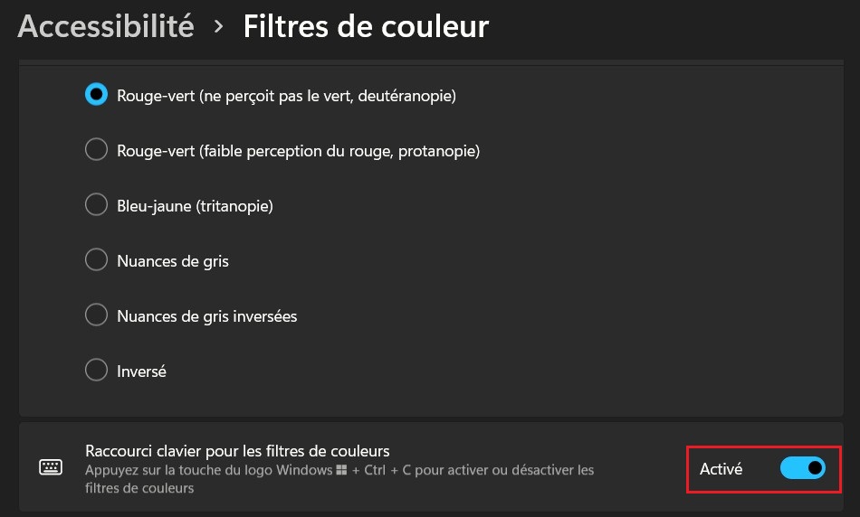 Raccourci clavier pour les filtres de couleur