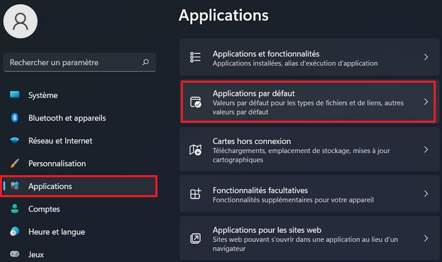 Sélectionner Applications par défaut