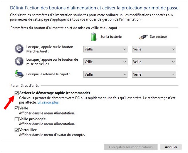 Activer le démarrage rapide