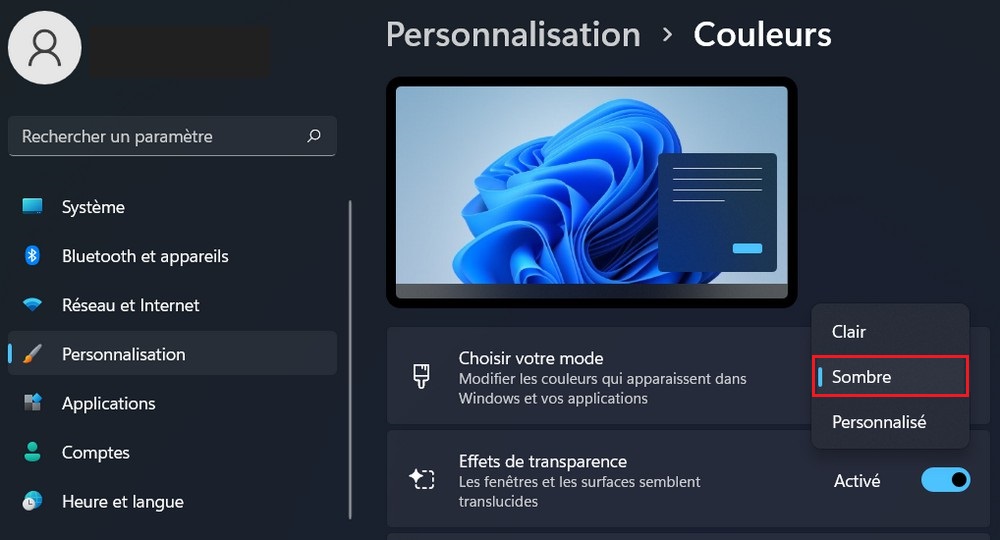 Activer le mode sombre sur Windows 11