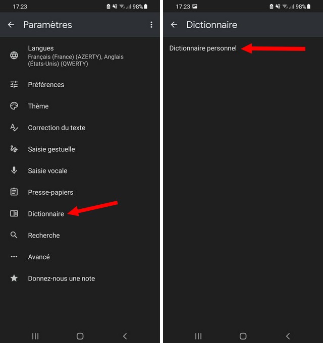Appuyer sur l'option Dictionnaire personnel