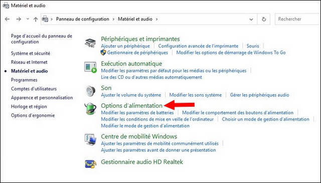 Cliquer sur Options alimentation