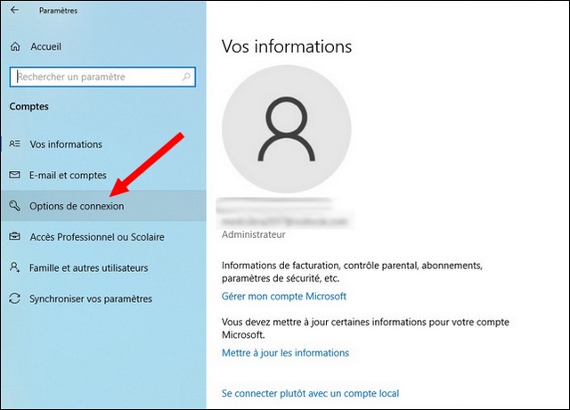Cliquer sur Options de connexion