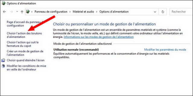Cliquer sur l'option Choisir l'action des boutons d'alimentation