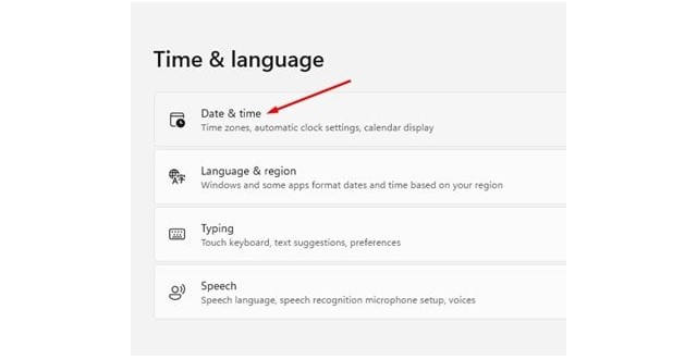 Cliquer sur l'option Date et heure
