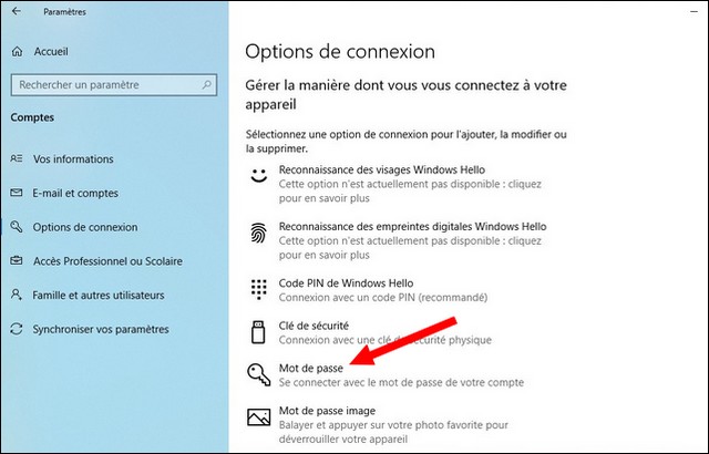 Cliquer sur l'option Mot de passe