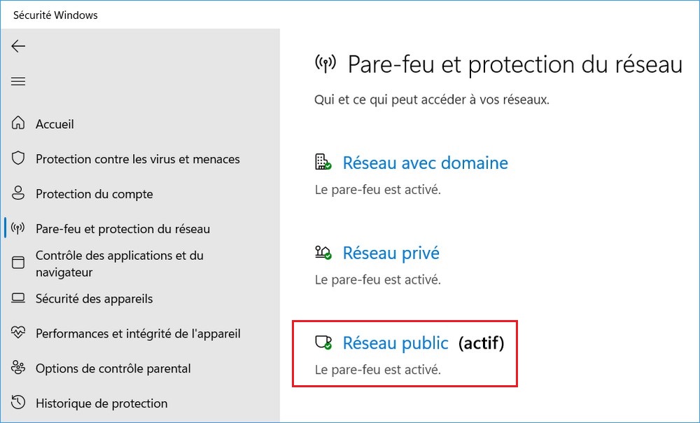 Cliquez sur le réseau public (actif)
