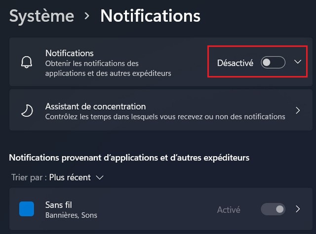 Désactiver les notifications dans Windows 11