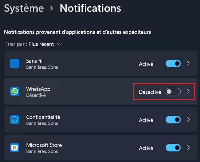 Désactiver les notifications pour des applications spécifiques