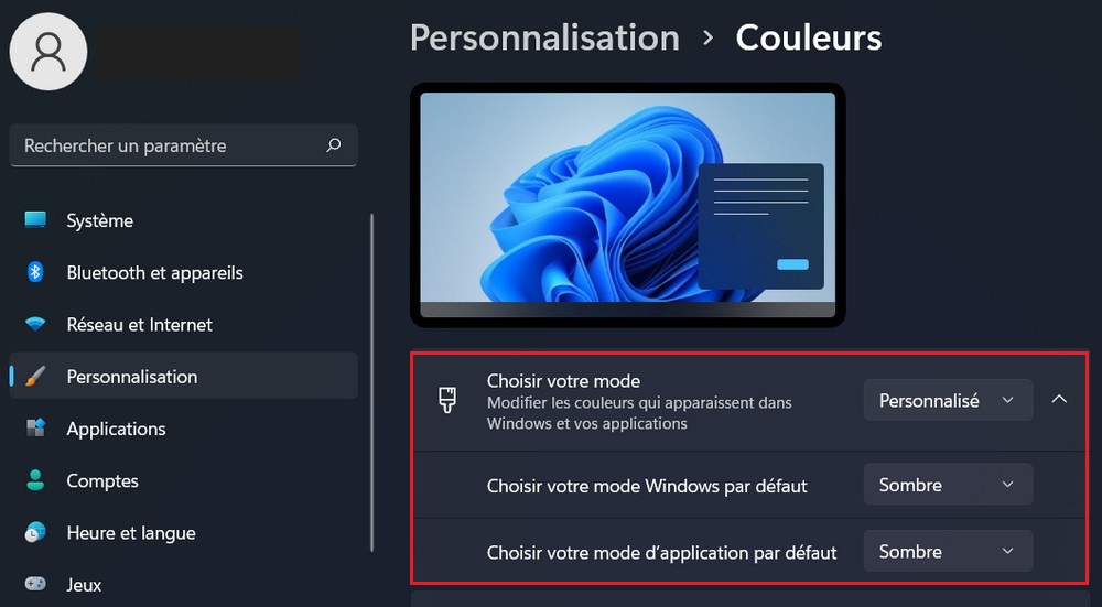 Le mode personnalisé de Windows 11