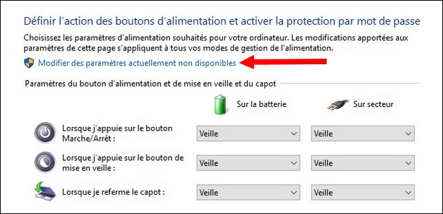 Modifier des paramètres actuellement non disponibles