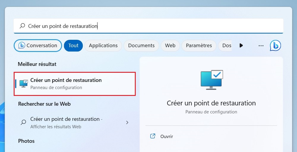 Recherchez Créer un point de restauration