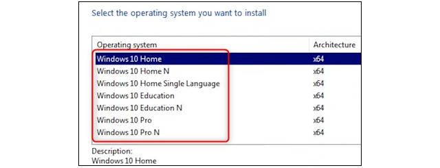 Sélectionner la version de Windows 10