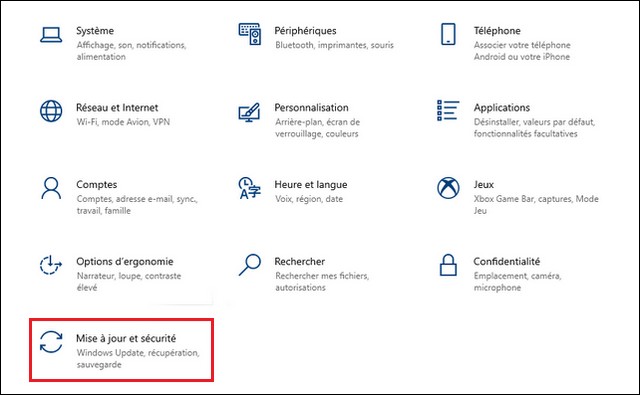 Sélectionnez l'option Mise à jour et sécurité