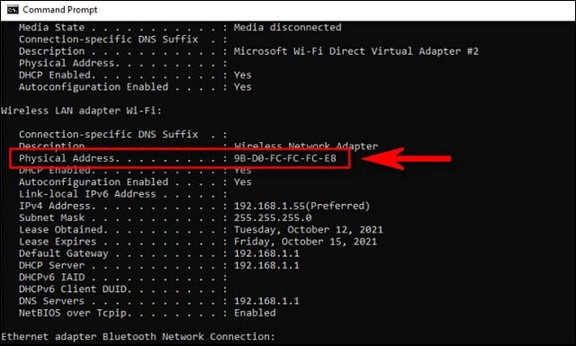 Trouvez adresse MAC à l'aide d'une commande