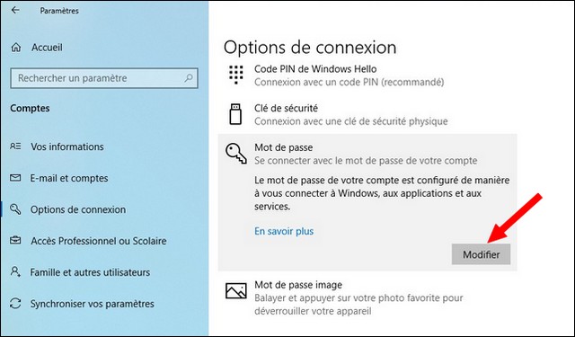 Comment changer mot de passe windows 10