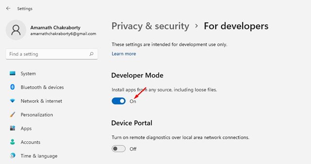 Activez l'option Mode développeur