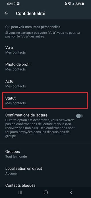 Appuyez sur Statut