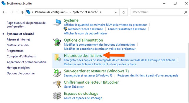 Cliquez sur Historique des fichiers