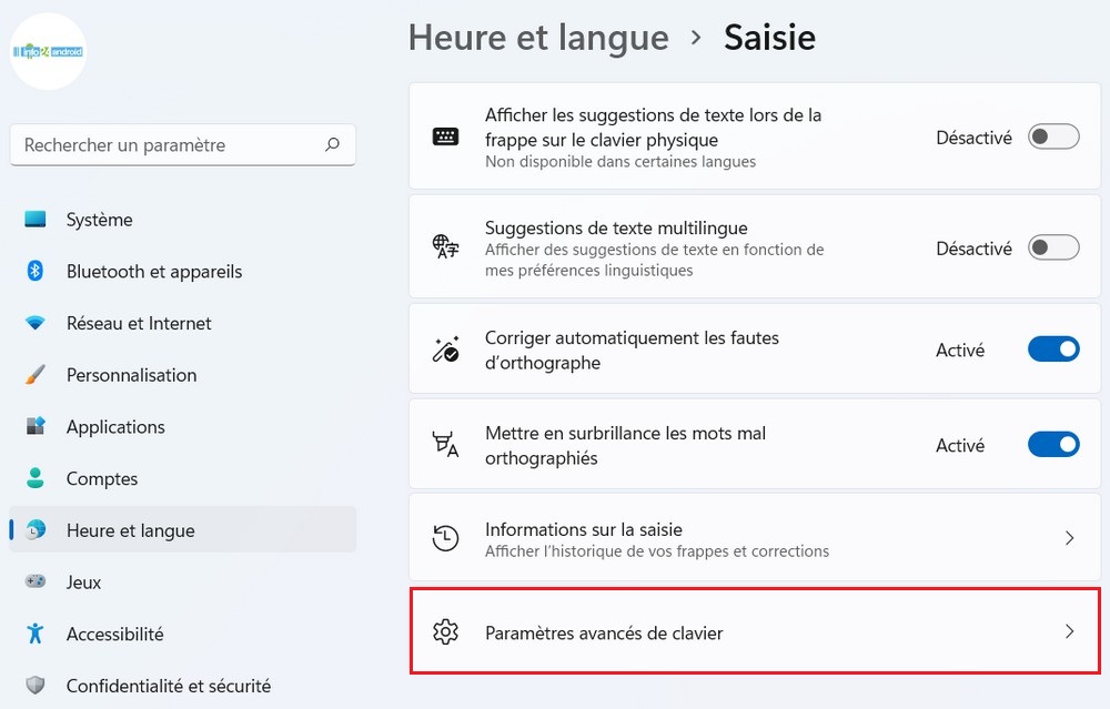 Cliquez sur Paramètres avancés de clavier