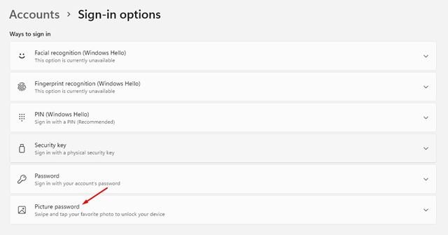 Cliquez sur l'option Mot de passe image